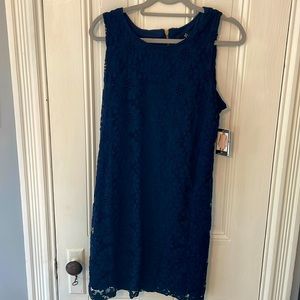 Ronni Nicole Navy Lace Overlay Shift Mini Dress